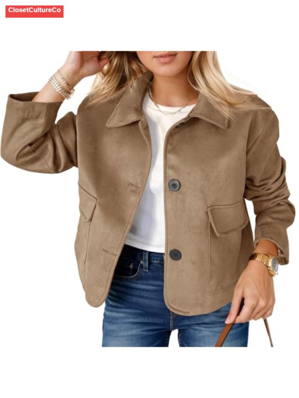 Faux Suede Cropped Button Down Jacket Casual Vintage Shacket